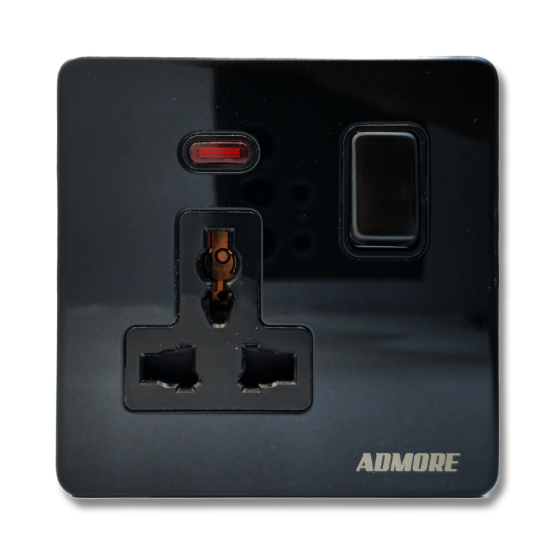 AB0322 - 13A 1 Gang Universal Socket, Single Pole with Neon Black Nickle Admore