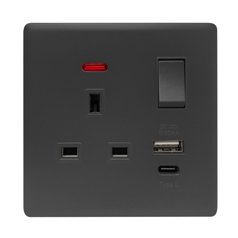 SB407 - 13A 1 GANG SWITCH SOCKET WITH A&C PORT SOFT TOUCH BLACK ADMORE